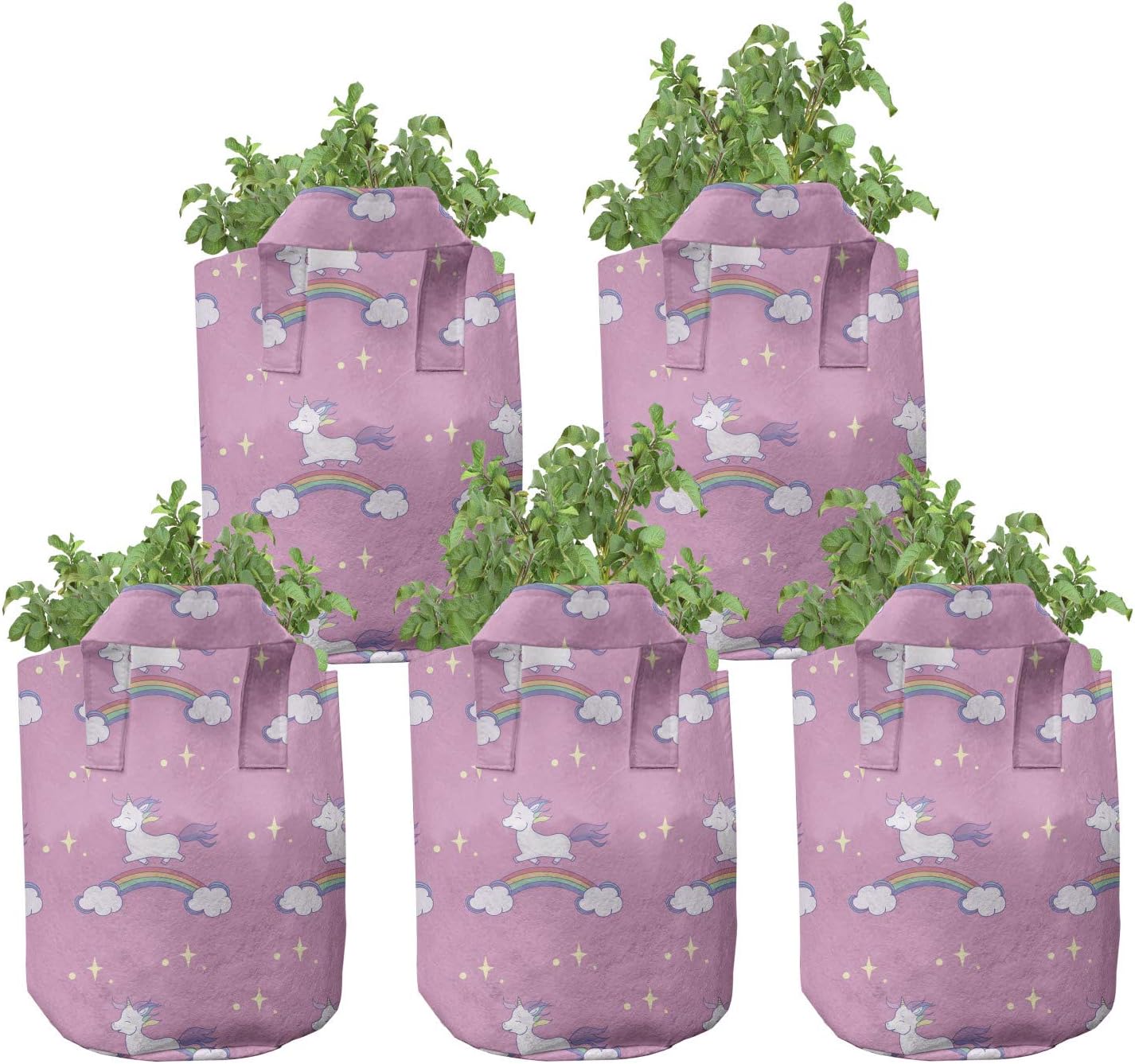 Lunarable Unicorn Grow Bags 5-Pack, Happy Animals Over Rainbow, Heavyduty Fabric Pots with Handles for Plants, 7 Gallon, Purple