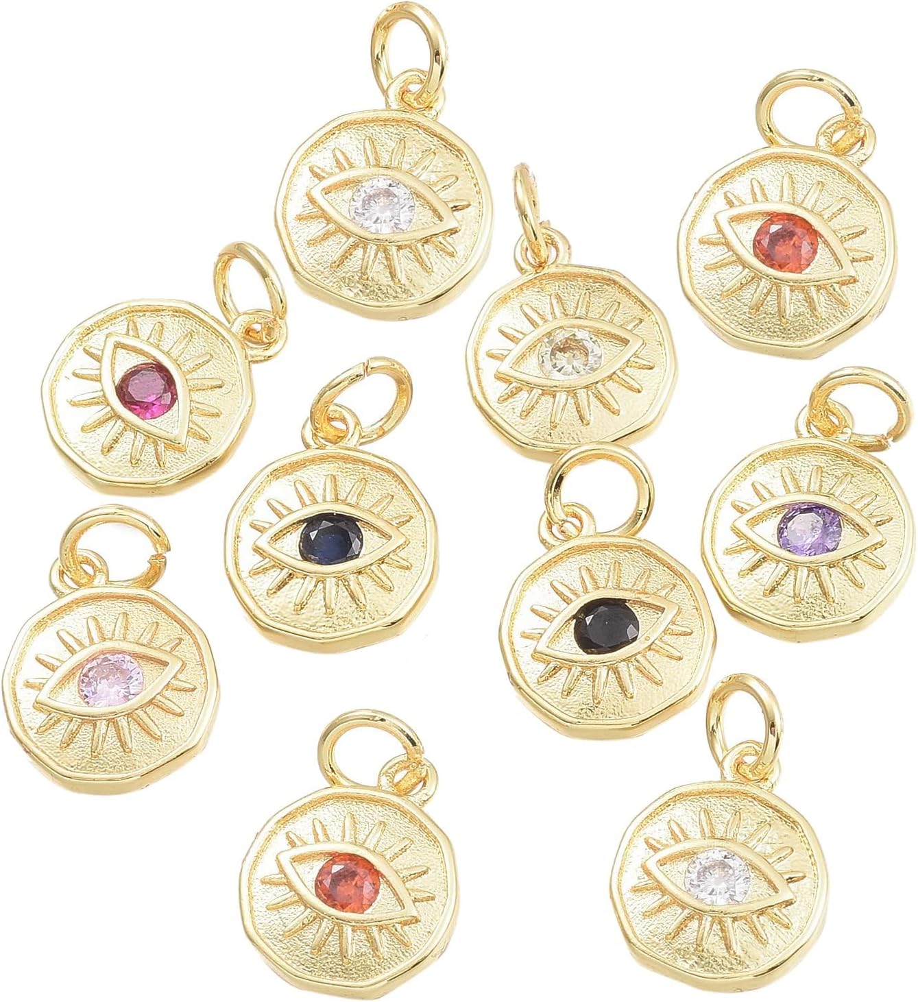 BEEFLYING 20 Pcs Evil Eye Flat Round Charms 18K Gold Plated Cubic Zirconia Rhinestone Pendants for Jewelry Making Craft Supplies (Random Color)