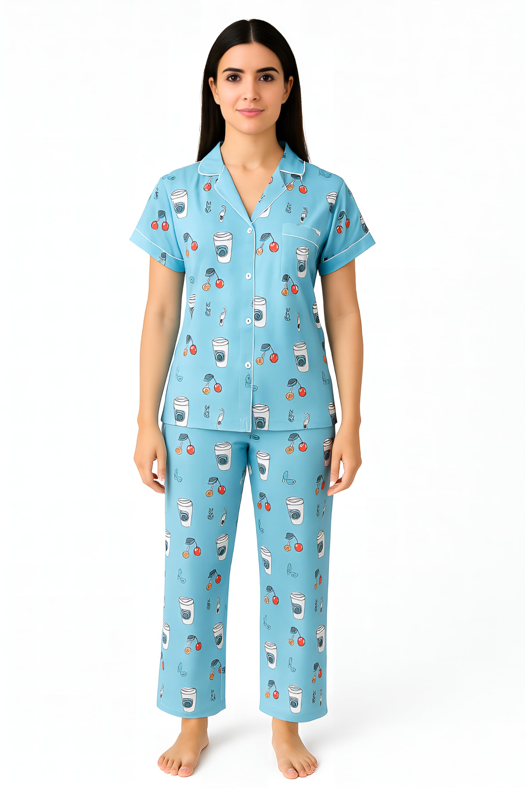Women's Coffee and Cherry Print Pajama Set, Short Sleeve Button-Down Top with Pants, Light Blue-image-21