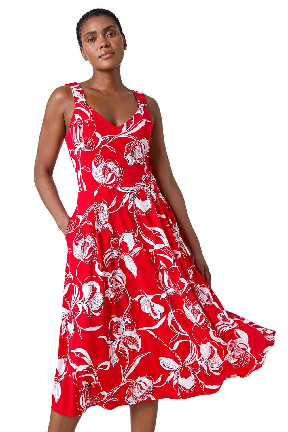 Roman Originals Women's Red Paisley Border Print Midi Dress For Uk - Everyday Holiday Spring Summer Notch Neckline Comfy Soft Evening Vacation Work Party - Size 18