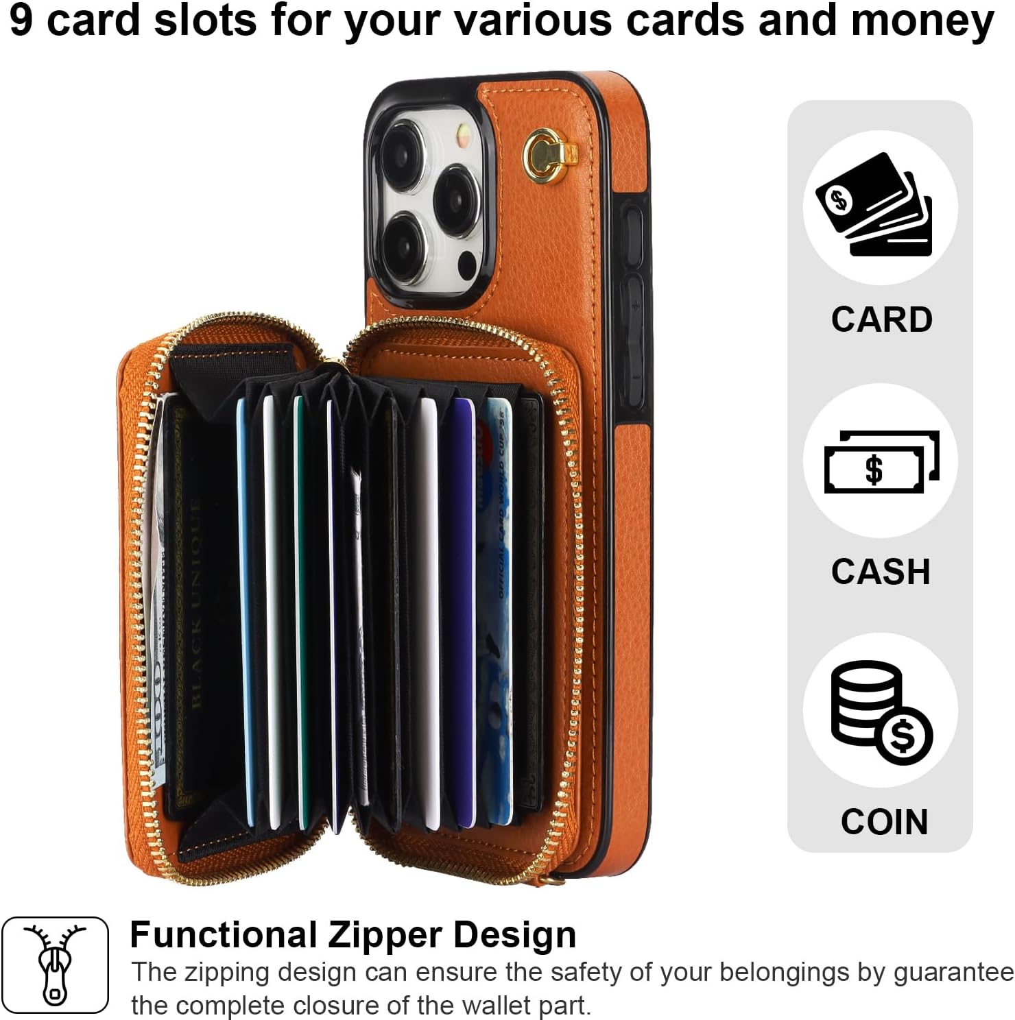 Bocasal Crossbody Wallet Case for iPhone 15 Pro Max, RFID Blocking Leather Purse Case with Card Holder, Protective Handbag Flip Cover with Zipper Wrist Strap Lanyard for Women 5G 6.7 Inch (Brown) - Image 3