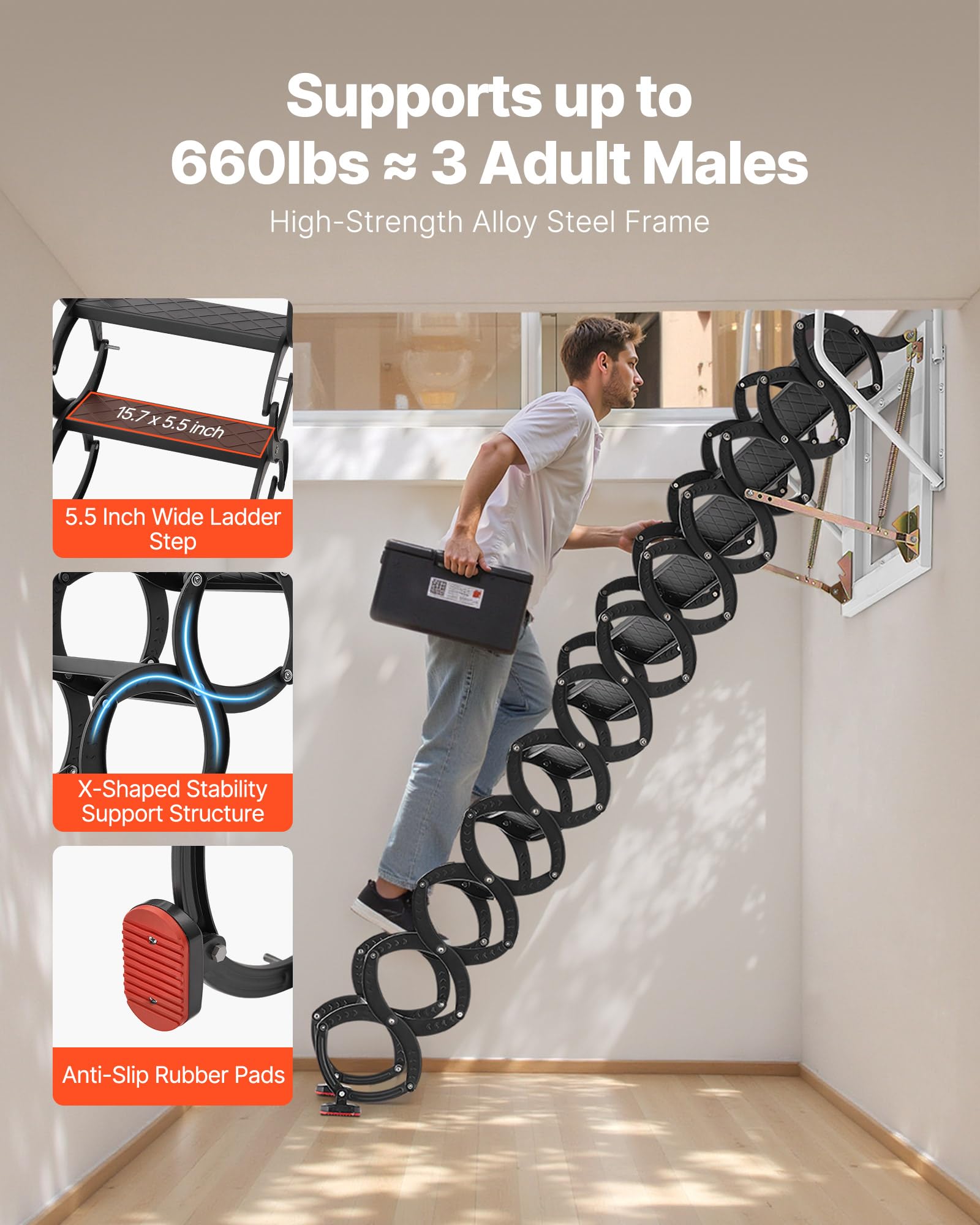 VEVOR Dachbodenleiter zur Wandmontage, Tragkraft 299,4 kg, passend für Deckenhöhen von 2,9 bis 3,05 m, 12-stufige Stahl-Scherentreppe mit Handläufen, für Dachböden, Garagen, Dächer, Keller