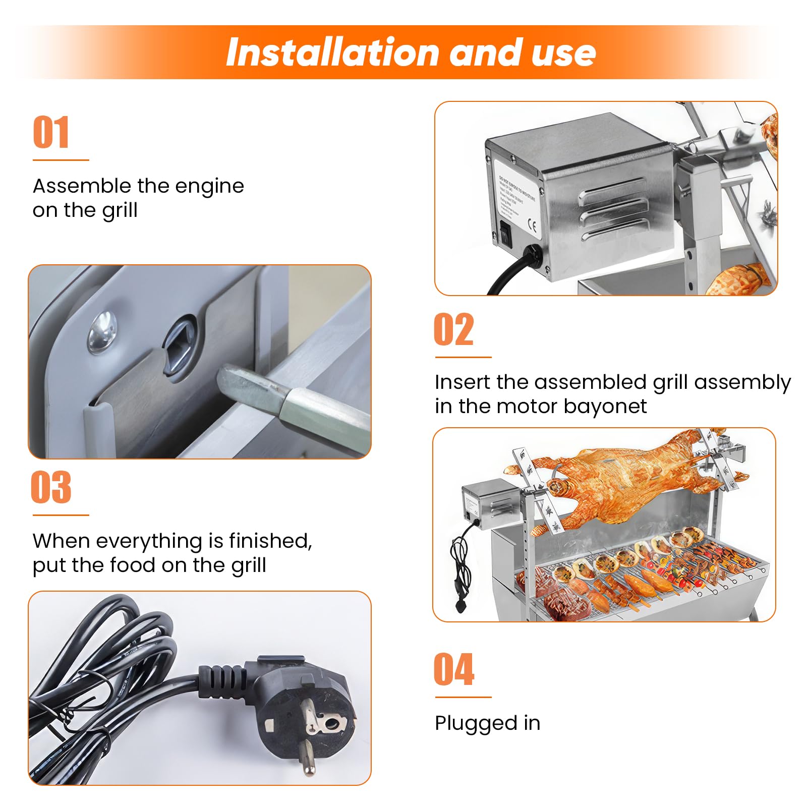 Motor para Barbacoa EléCtrico 15w 70kg Barbacoa de Acero Inoxidable 2.7 RPM Motor de Parrilla Barbacoa Giratoria para Barbacoa, Pollo, Cerdo, Cabra A La Parrilla Al Aire Libre