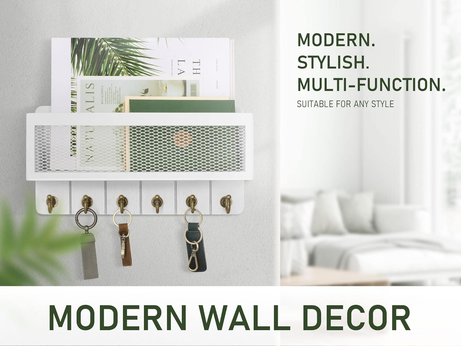 rebee vision farmhouse key holder for wall with mail organizer : decorative mesh basket with 6 sturdy key hooks – wall mount home decor for office?entryway, hallway, apartment (rustic white)