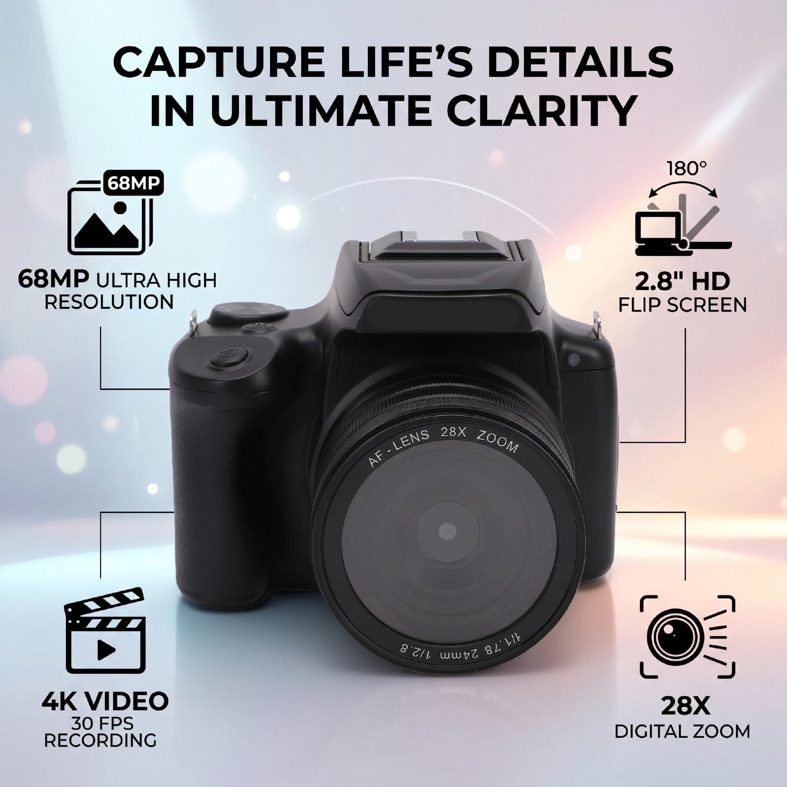 Tosuny Fotocamera digitale con mirino all'altezza dei fianchi, 68 MP, 4K, fotocamera vlogging con zoom 28x, schermo pieghevole da 2,8", mozzella per modalità DSLR e flash per principianti