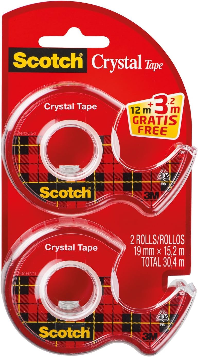 Scotch Crystal Klebeband, 2 Rollen auf Abrollern + 3.2 m GRATIS - Allzweck-klebeband für die Reparatur, Verschließen von Dokumenten