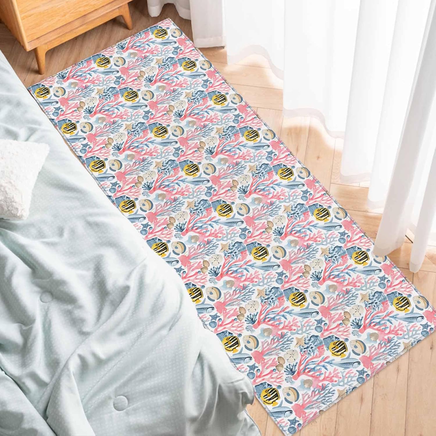 2 Pieces Kitchen Rugs and Mats,Summer Watercolor Ocean Coral Fish Area Runner Rug Set Non Slip Floor Doormat Washable Carpet Standing Mat for Kitchen Sink Indoor Corridor,Coastal Marine Animal
