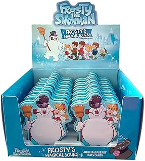 Holiday Christmas Frosty the Snowman, Frosty's Magical Sours, Blue Raspberry Candy Tins - 12 Count Display Box