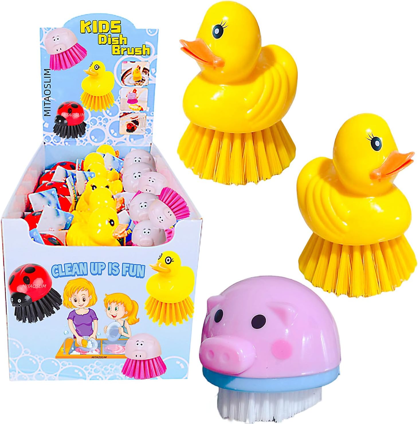 Animals Funny Dish Scrub Brushes, 2 Duck and 1 Pink Pig, for Children Clean Wash Dishes, Kids Daily Cleaning Chores