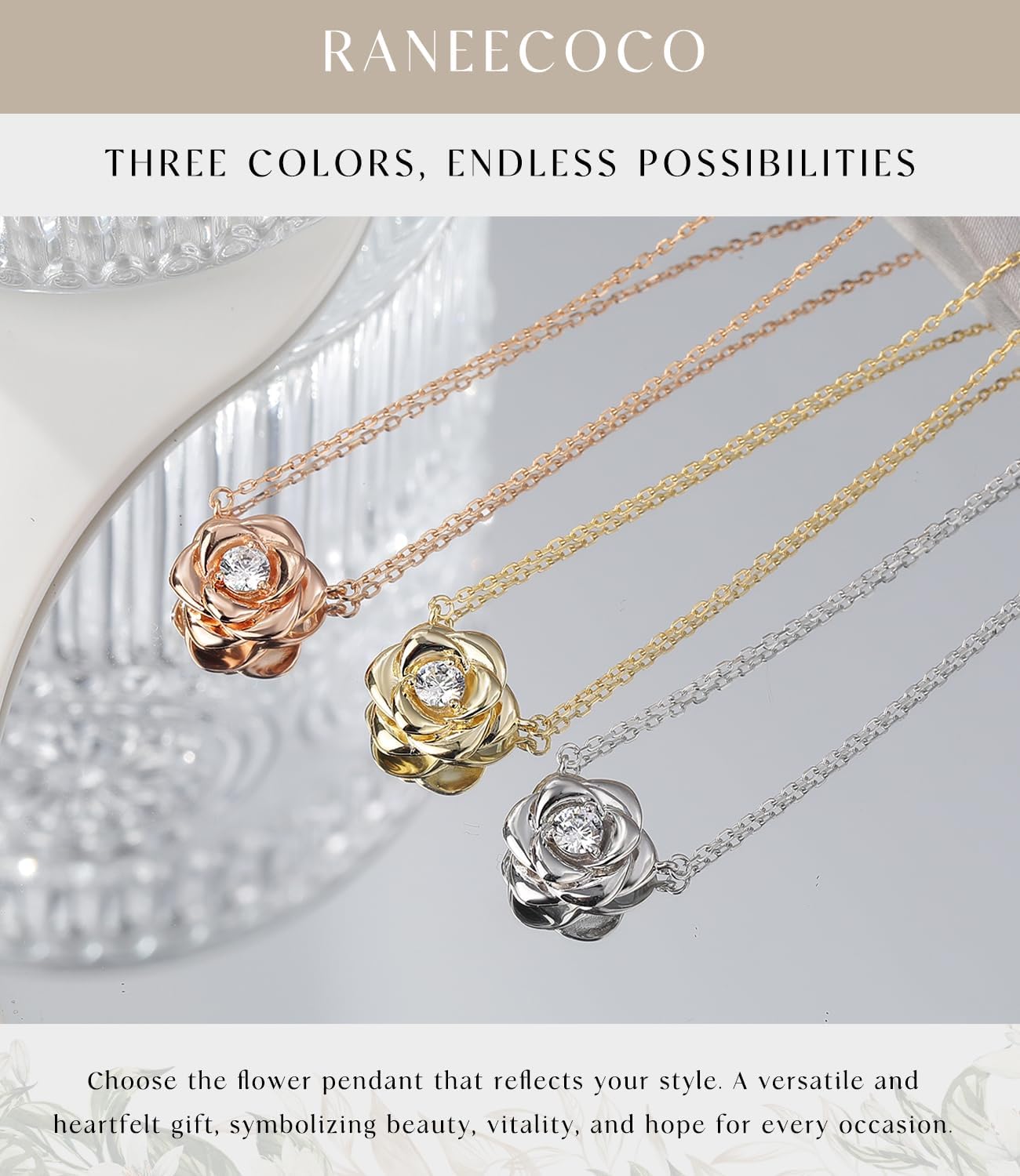 Raneecoco Rose Flower Necklace Gold Plated Sterling Silver Pendant Jewelry for Women, Hypoallergenic & Nickel Free - Image 6