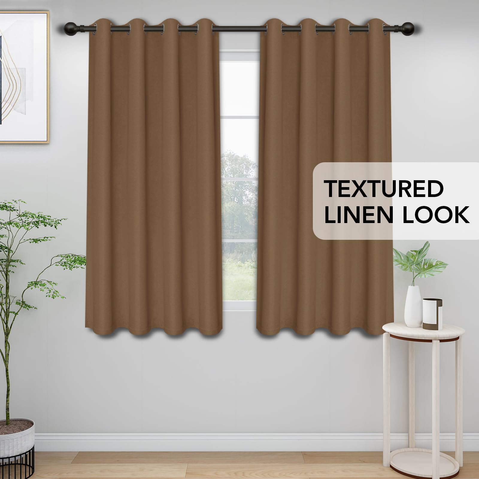 Easy-Going Linen Look Blackout Curtain 84 Inch Length Grommet Window Curtain Drapes for Bedroom, Living Room Thermal Insulated Room Darkening (Set of 2 Panels, Brown)