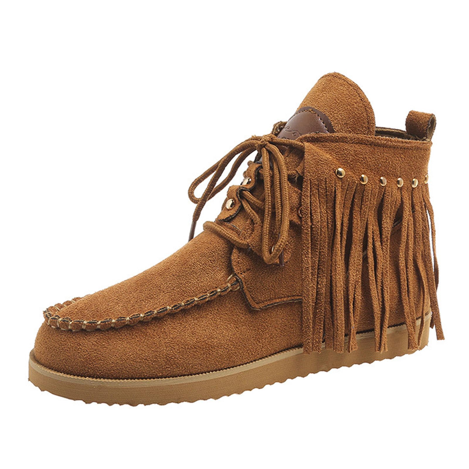 SHEMEE Fringe Ankle Booties for Women Studded Lace Up Flat Boots Faux Suede Round Toe Lightweight Western Outdoor