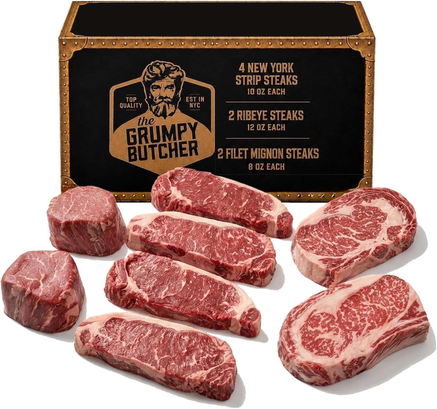 Grumpy Butcher Aged 8 Steak Premium Set - 4 NY Strip, 2 Ribeye & 2 Filet Mignon Steaks - USDA Top Choice Beef Steaks With Gift Box Option - Ships Frozen