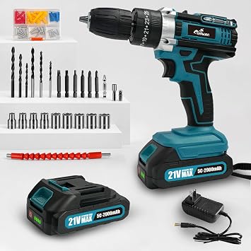21V Cordless Drill Set, 2 x 2.0Ah Batteries, 3/8-Inch Chuck