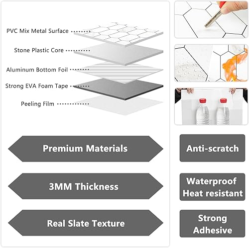 Vista 38 de Vamos Tile Azulejos hexagonales largos para despegar y pegar, 10 hojas para pegar en la pared del muro para la cocina y el baño, Calacatta dorado