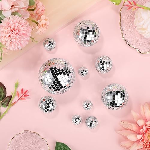 Miniatura 4 de 10 adornos de bola de discoteca para tartas, 5 tamaños, mini bolas de discoteca plateadas, accesorios temáticos de discoteca para fiesta de