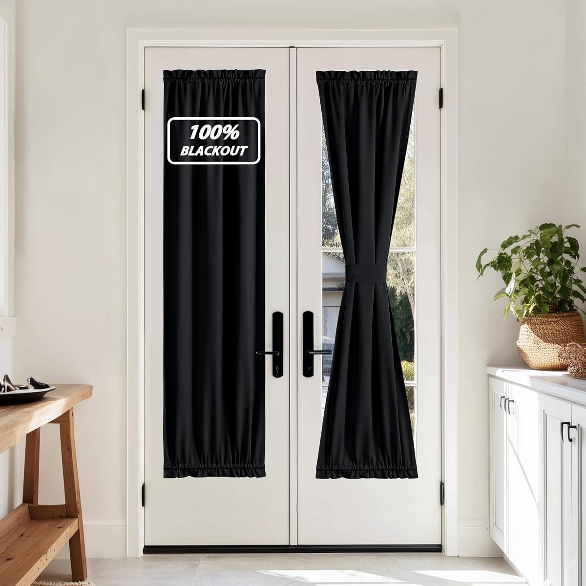French Door Curtains for Door Window, 100% Blackout Window Cover | Thermal Insulated French Front Door Shade for Window Glass, 1 Panel, Black, 25 x 72 inches Long
