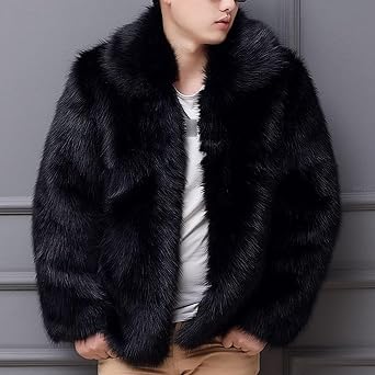 Men's Faux Fox Fur Coat Fashion Long Sleeve Parka Jacket Winter Warm Thick Outwear Short Thermal Foxes Coats (Black,Medium)