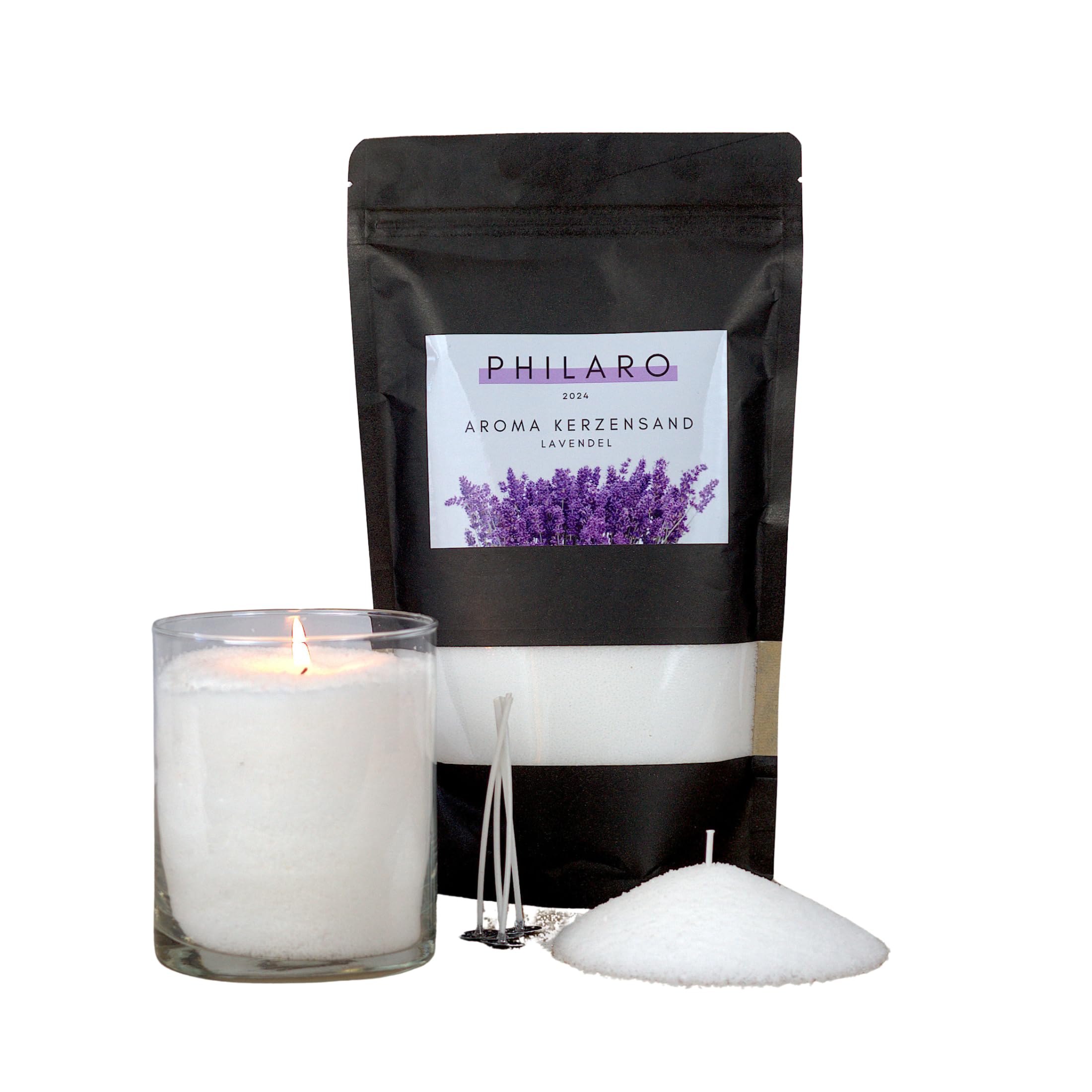Philaro Kerzensand mit Duft - Lavendel - 400g inkl. 4 Dochte in vier Duftvarianten - Kerzengranulat - Aromasand - Kreative DIY Kerzen