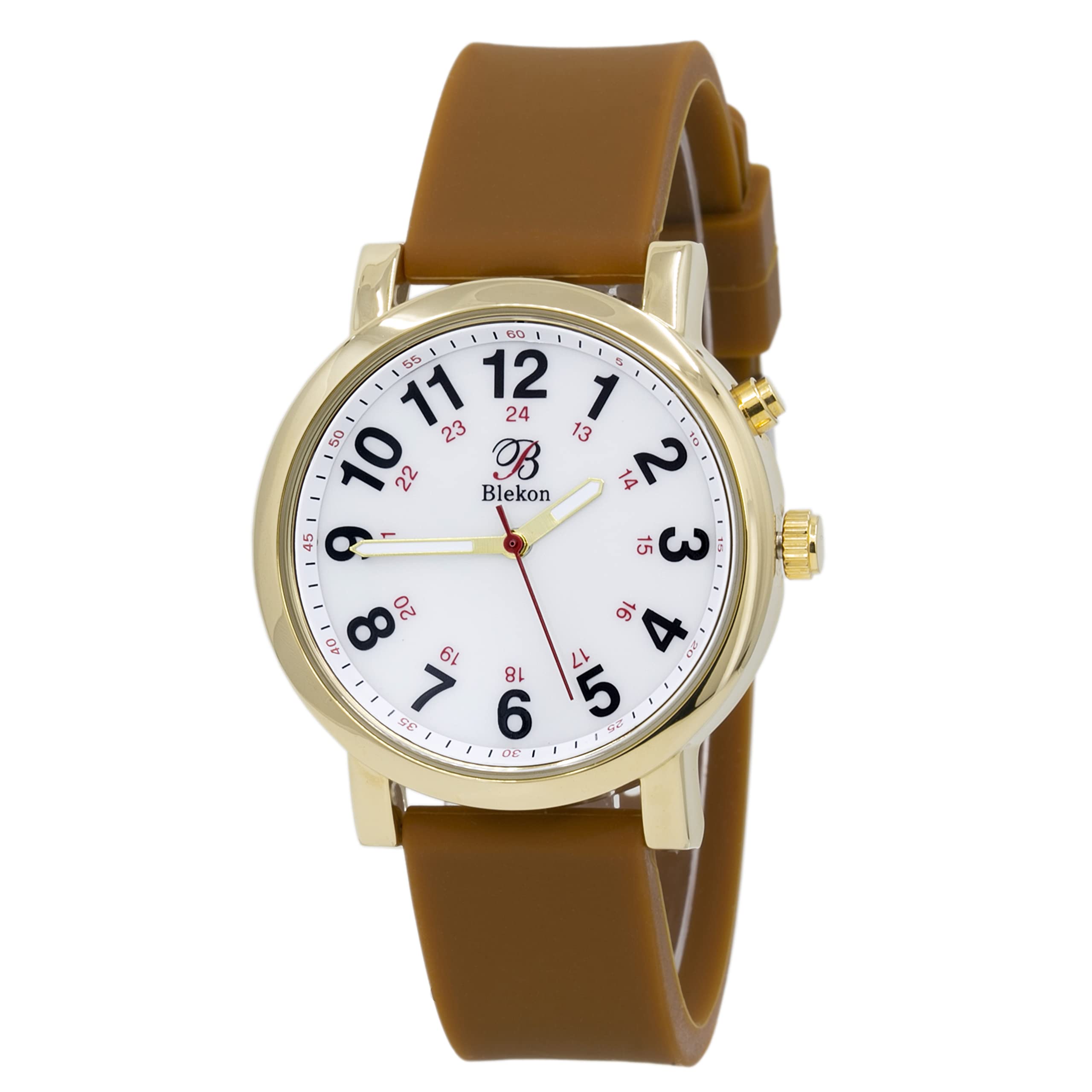 Blekon Original Light Up Dial Nurse Watch – Various Medical Scrub Colors, Easy to Read, Military Time with Second Hand, Silicone Band, Water Resistant Watch Gold Brown