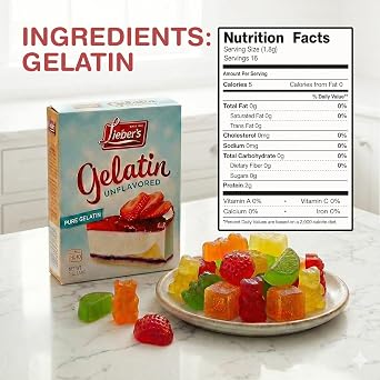 LIEBERS Unflavored Gelatin Sugar Free Gelatin a Kosher, Gluten Free Pure Gelatin Powder Unflavored a 1 Oz. Box, Contains 2 Packets.