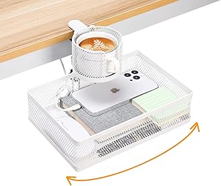 Schreibtisch-Organizer mit Getränkehalter, 360° drehbar, versteckte Schublade unter dem, zum Aufklemmen, große Kapazität unter dem Schreibtisch, für Zuhause und Büro (White)