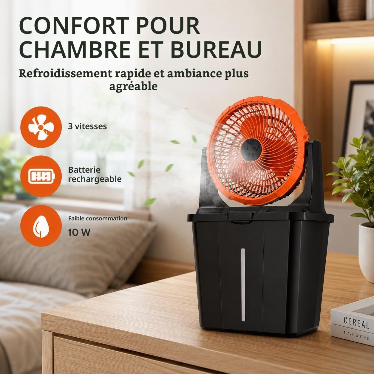 Ventilateur brumisateur rechargeable 10 W, réservoir de 9 L, 3 vitesses et 3 niveaux de brumisation, batterie rechargeable 16 000 mAh, USB-C, idéal pour la terrasse, le camping et la maison.