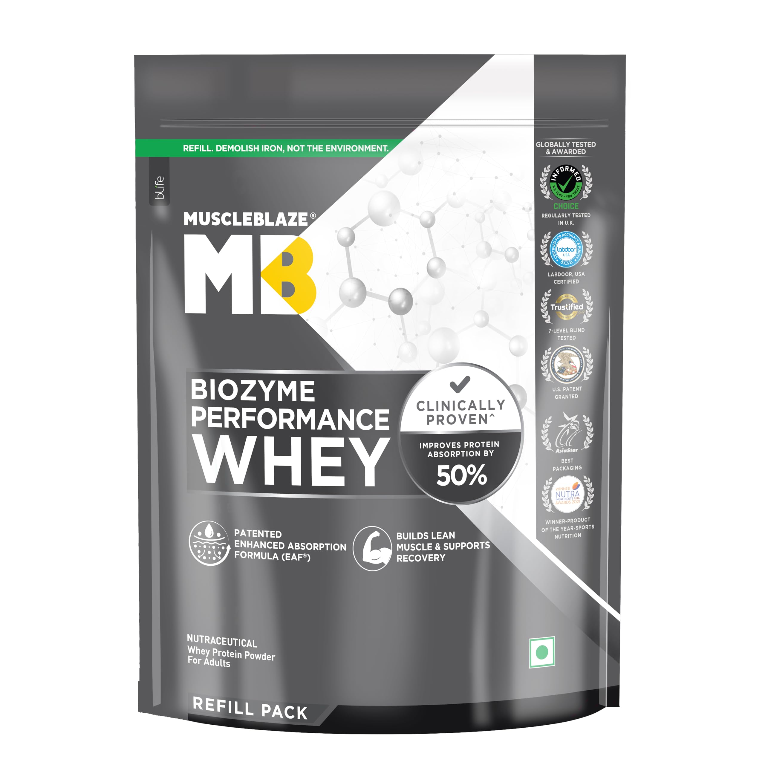 MuscleBlaze Biozyme Performance Whey Protein, 1kg Refill Pack