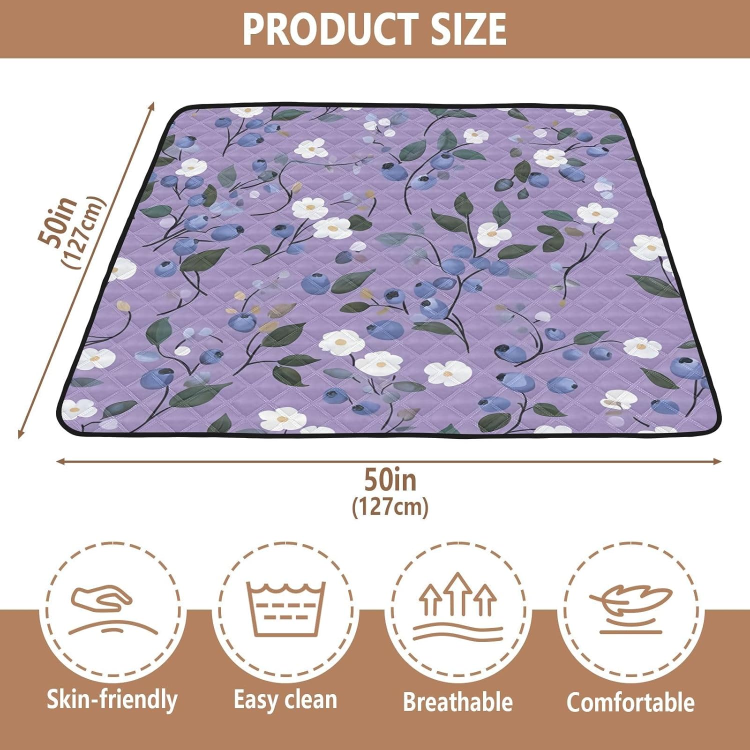 Doodle Blueberry and White Flower Baby Play Mat, 50“ X 50” Washable Folding Crawling Mat, Baby Floor Mat, Soft, Thick, Non-Slip