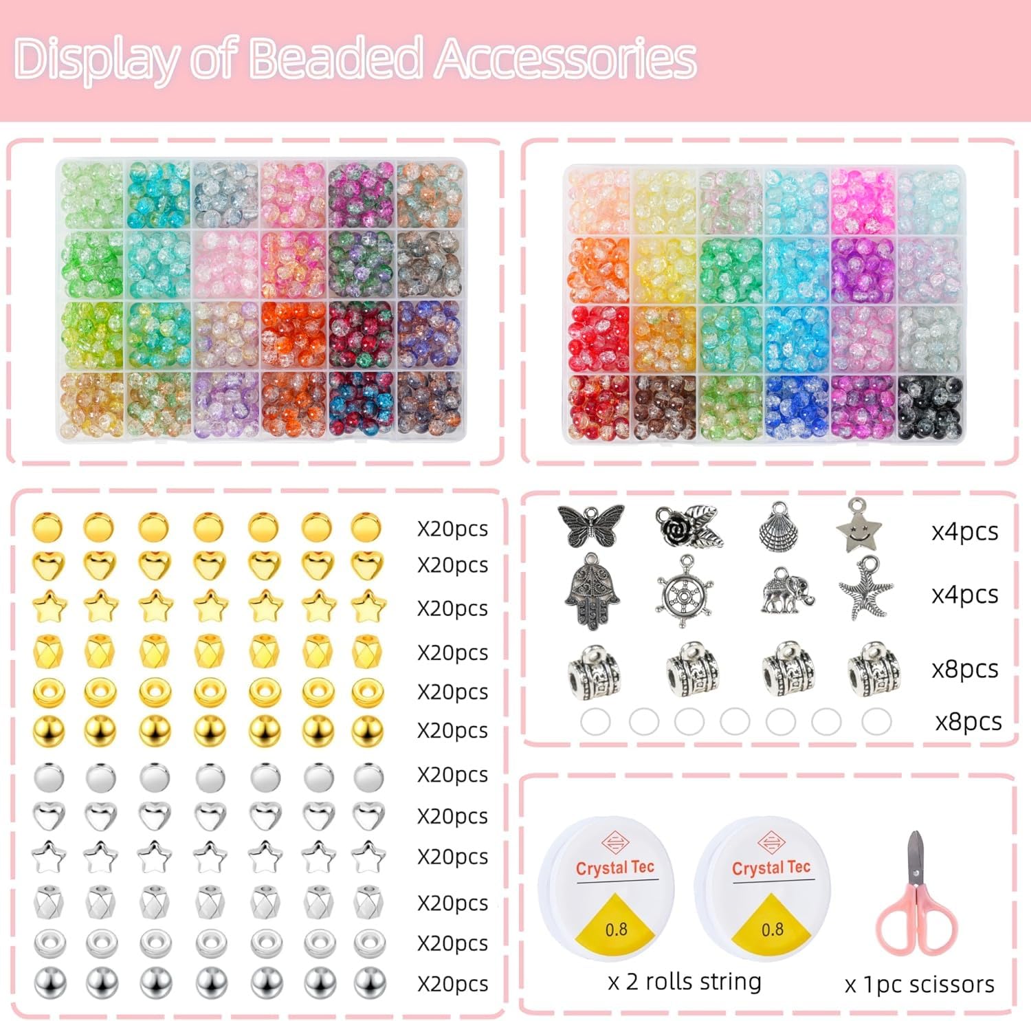 1300PCS 8mm Mixed Crackle Glass Beads for Bracelets Making with Accessories, 48 Colors Crystal Glass Beads Jewelry Making Kit, Round Beads for DIY Bracelet Crafts