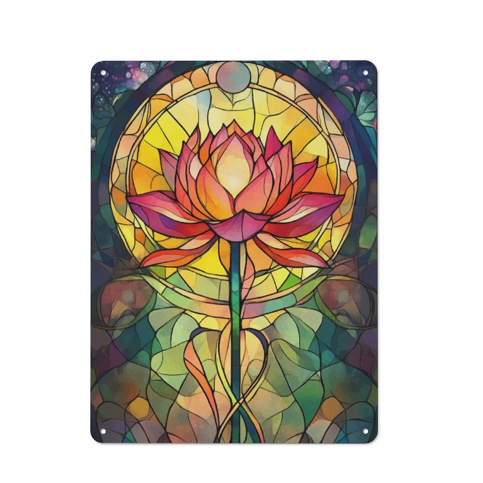 Junmoney Stained Glass Lotus Workshop Style Metal Wall Decor 40X30cm, Decorative Metal Plaque For Garage, Workshop, Shed Or Utility Room