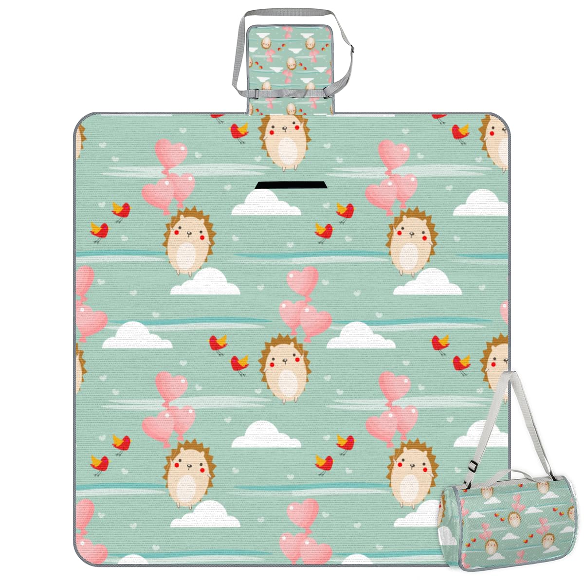 Shimoshe Picnic Blankets 57”x 59”, Love Balloon Flight Hedgehog Waterproof Sandproof Picnic Mat Lightweight Foldable Beach Blanket for Camping Park Grass Beach Outdoor Blanket