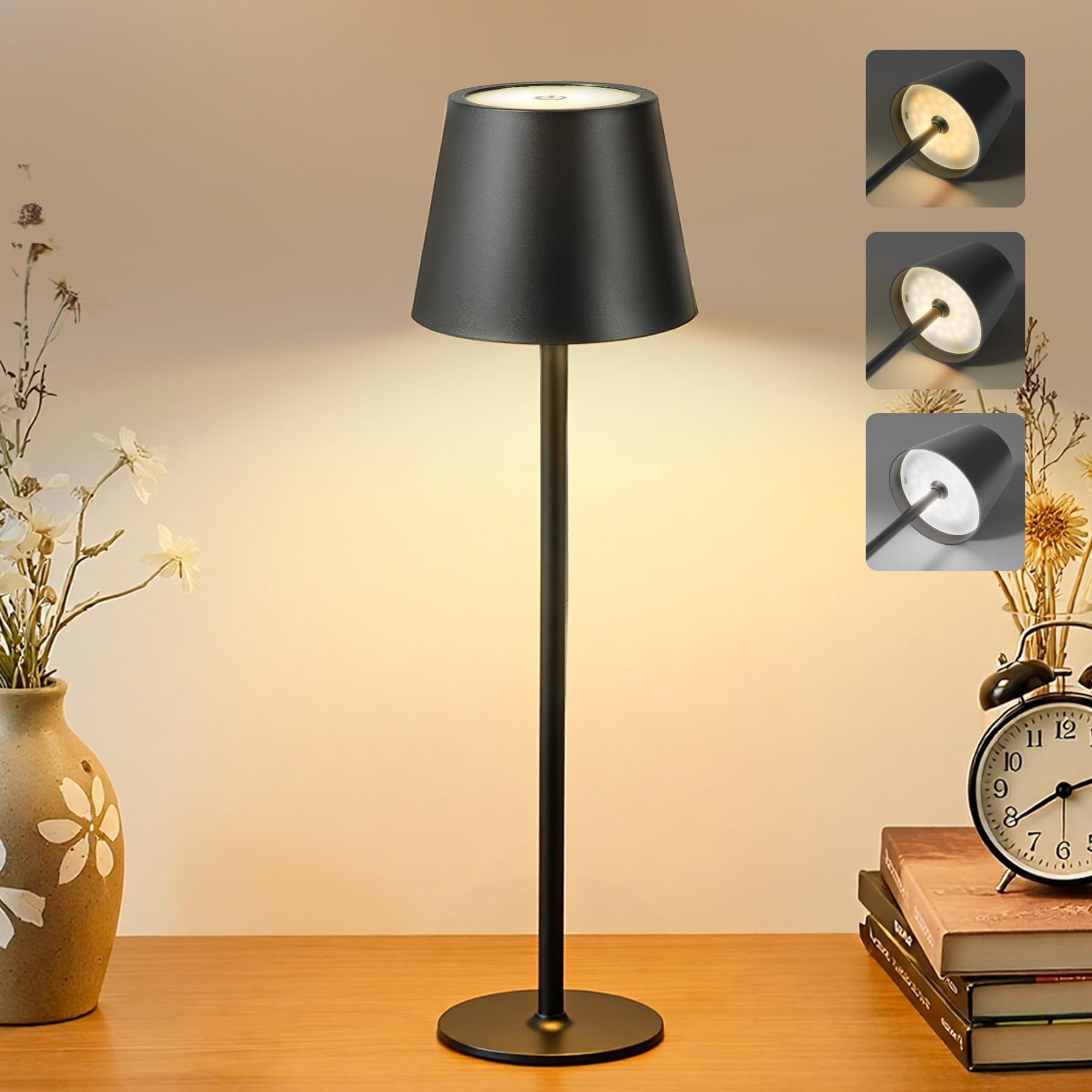 Bonsery LED Tischlampe Kabellos 5200mAh Akku, USB Aufladbar Tischleuchte 2 Höhen mit 3 Farbtemperatur 2700K-6500K, Wasserdichte Metall Touch Lampe Dimmbar für Schlafzimmer Esstisch Outdoor Geschenk