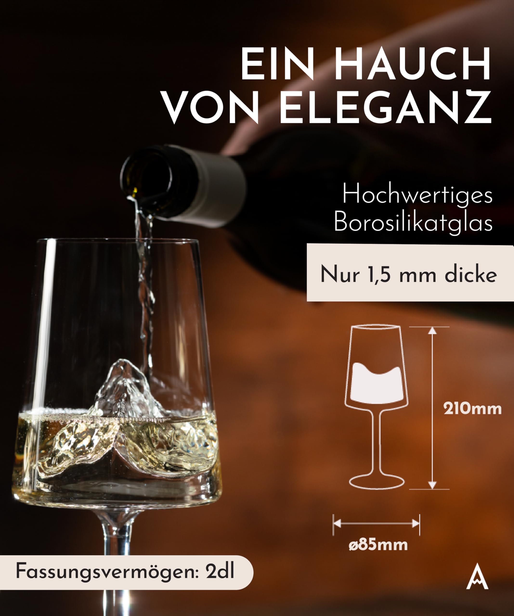 Premium Weinglas (1er), Handgefertigtes Borosilikatglas mit bergen drin, Spülmaschinenfest, Weißweinglas, Rotweinglas, Cocktail glas