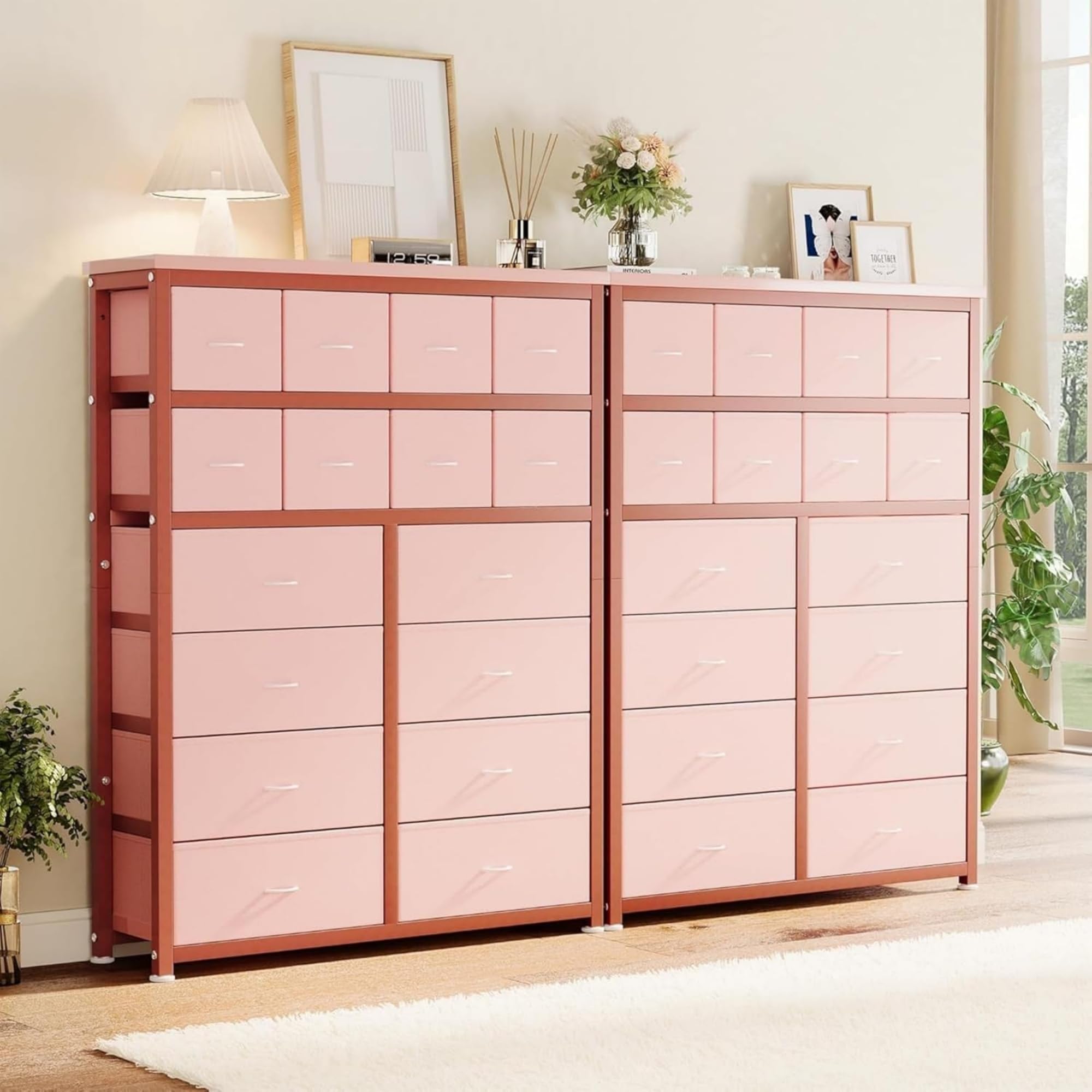 Cómoda alta rosa para dormitorio adulto, 16 cajones de tela con almacenamiento espacioso para ropa y accesorios, armario de almacenamiento vertical para dormitorio pequeño (rosa)
