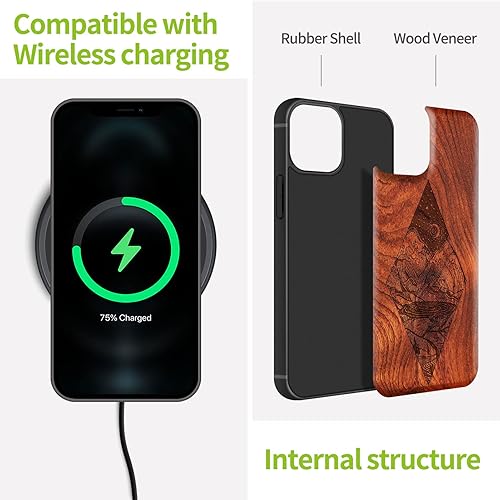 Miniatura 16 de Carveit Funda magnética de madera para iPhone 13 Pro [madera natural y TPU suave negro] funda protectora de madera única y elegante a prueba