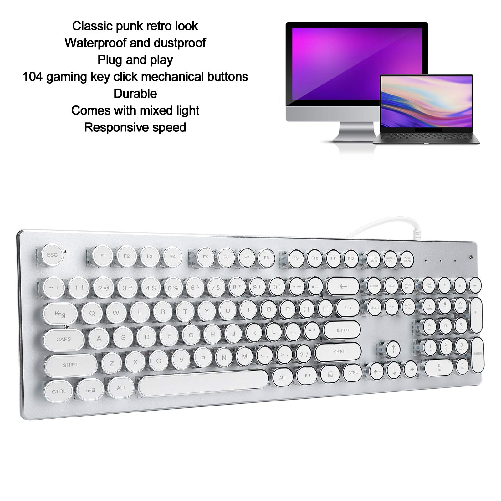 Generic Retro Przewodowa Klawiatura do Gier z Klawiszem i Mieszanym światłem 104 Klawisze Ergonomiczna Konstrukcja dla Graczy, Wodoodporna i Pyłoszczelna, Uniwersalna do Komputerów (WHITE)