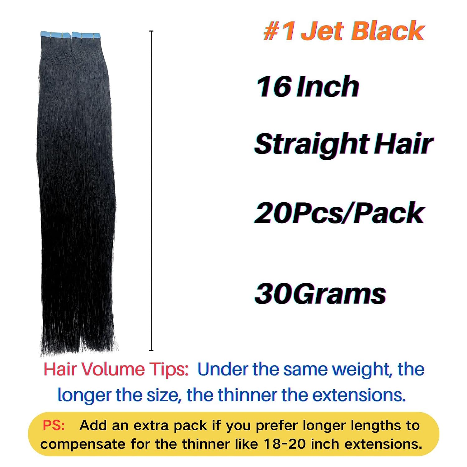 Jet Black Tape in Hair Extensions Real Human Hair 16 Inch Invisible Hair Extensions Tape in Human Hair for Daily