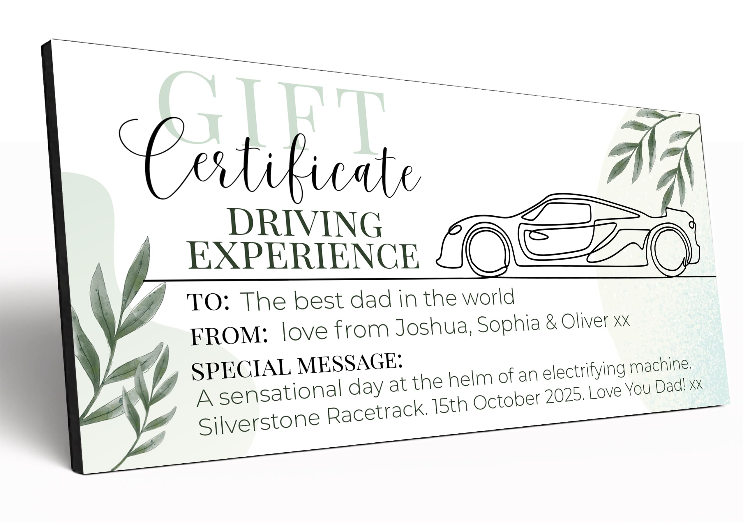 The Plum Penguin Customisable Gift Certificate 6mm MDF Personalised Gift Voucher Experience Event Gift Elegant Botanical Design (Driving Experience)