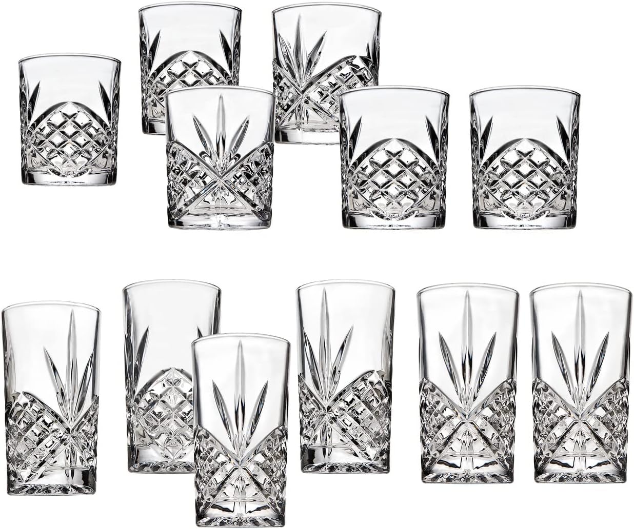 Godinger Bareware Set, 6 Double Old Fashioned Glasses & 6 Highball Glasses, Beverage Cups, Glass Cups, Set of 12