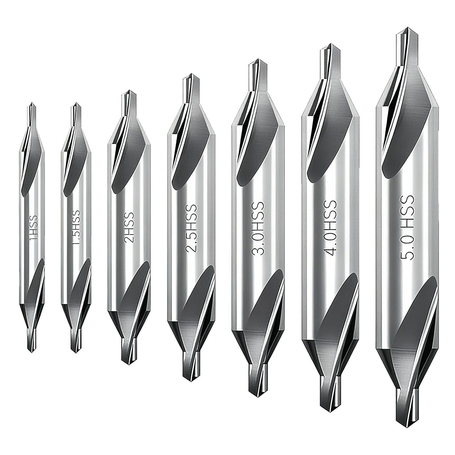 7 Piece Centre Drill Bit Set, HSS 60° Pilot Drill Bits for Metal, 1–5mm Double Ended Centre Bits for Lathe, Precision Starter & Countersink Drilling (Silver)