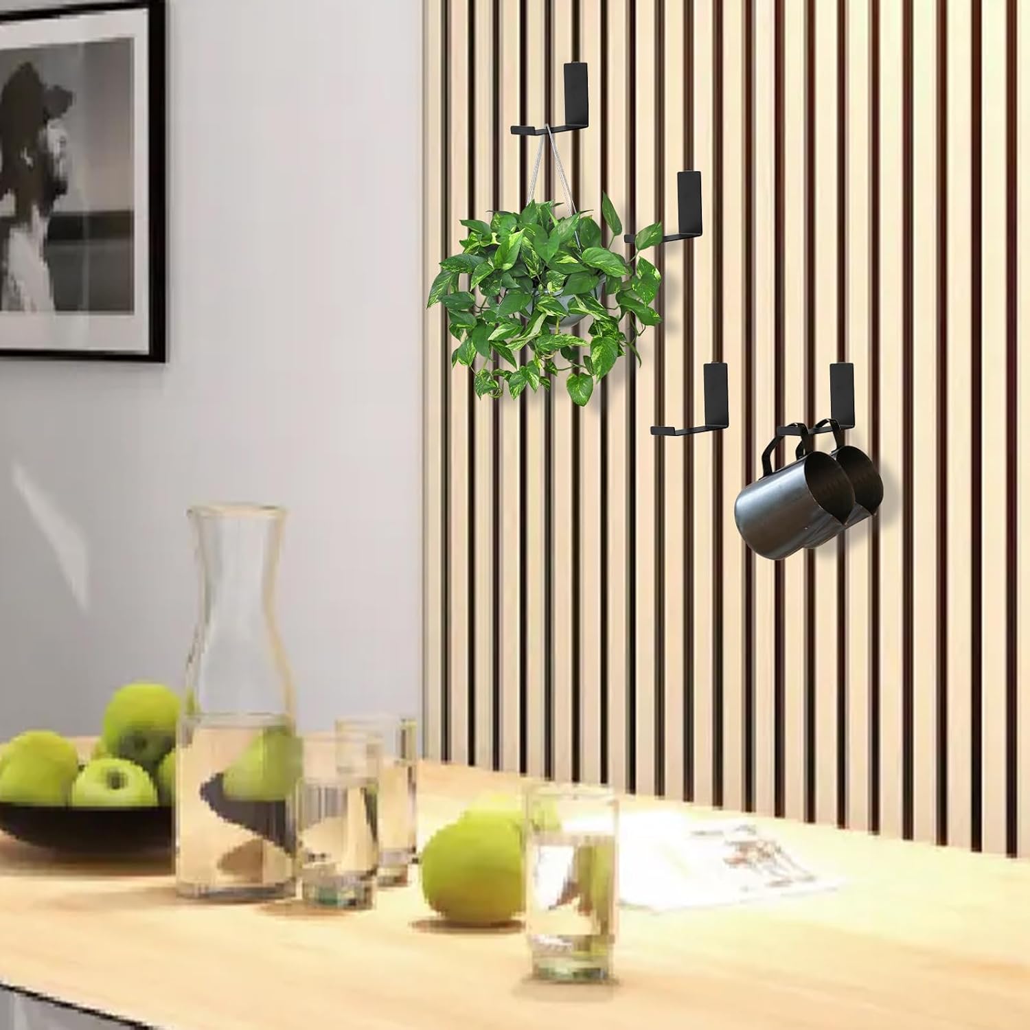 4PCS Wood Slat Acoustic Panels Hanging Hook Steel Slatwall Shelves | Fluted Sound Absorbing Hook Shelving Organizer Accessories (4PCS Steel Hook)