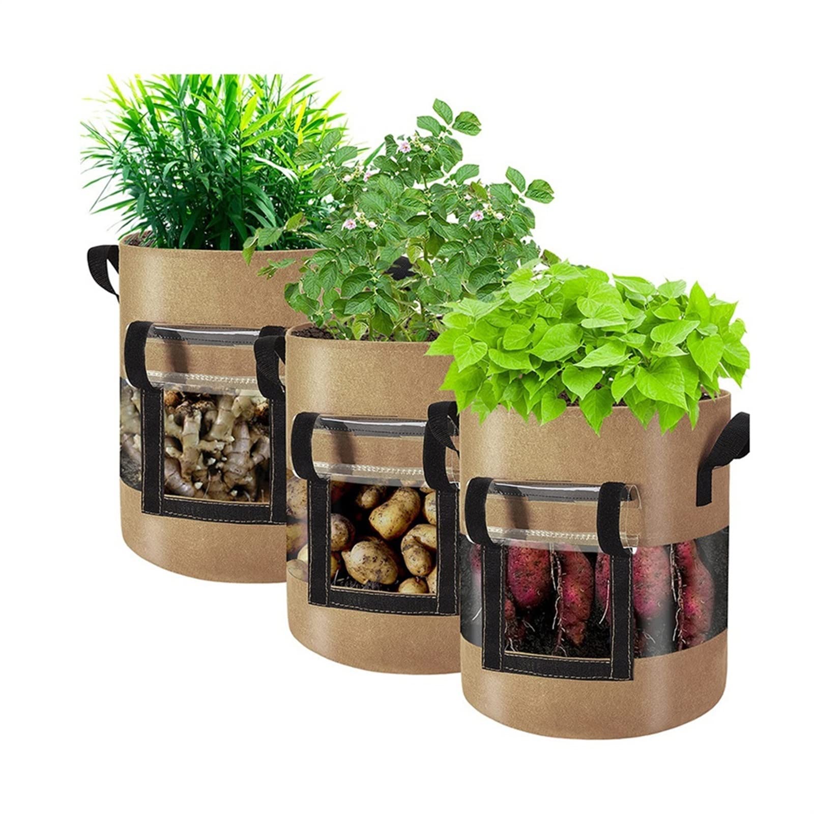 BOPIES Kartoffel-Anbautaschen, strapazierfähig, robust, langlebig, verdickt, mit Griffen und Erntefenster for Tomaten und Gemüse, 3 Stück (Farbe : Braun, Größe : 10 Gallon)