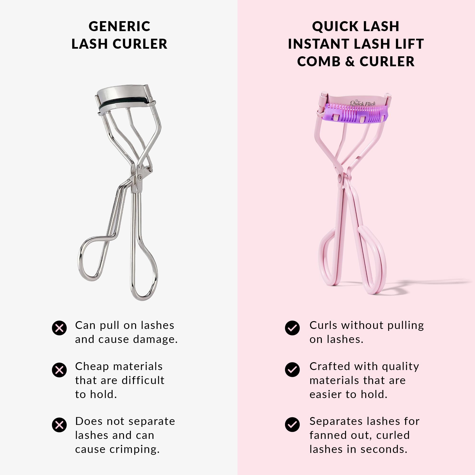 THE QUICK FLICK Eyelash Curler, Stainless Steel Eyelash Curlers with Comb, Safe & Gentle on All Eye Shapes, Pink Eyelash Curler for Separated & Curled Lashes, Travel-Friendly Eyelashes Curler