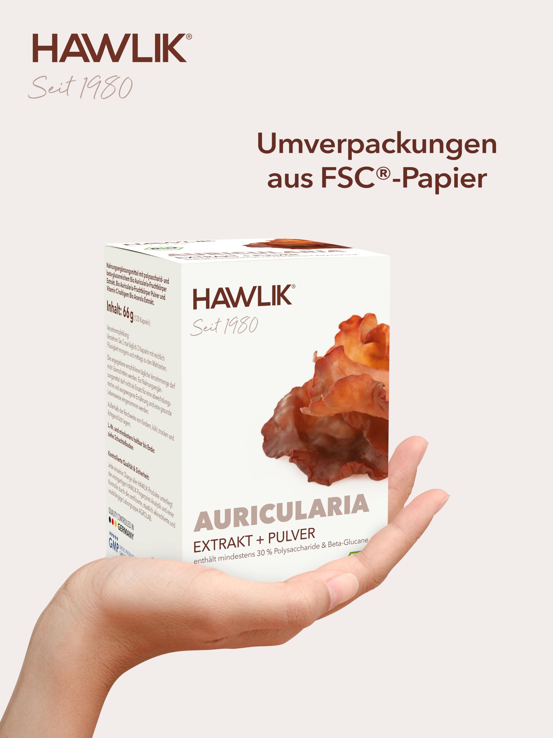 HAWLIK Vitalpilze Bio Auricularia Extrakt+Pulver Kapseln - 120 Kapseln im Blister - Mit Vitamin C - Extrakt & Pulver - Natürlicher Anbau - Vegan
