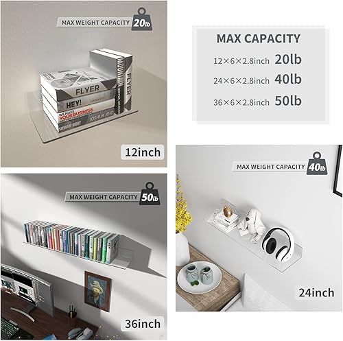 Miniatura 5 de Estantes de pared acrílicos de 36, 24, 12 pulgadas, estante flotante transparente para pared, estantes de exhibición para plantas, radio, Funko Pop,