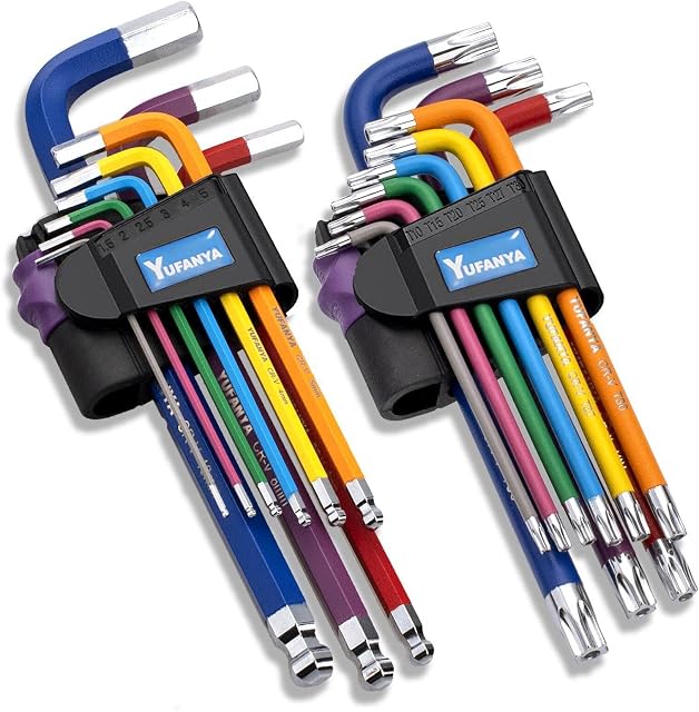 18PCS Allen Key Set,Metric Ball End Allen Hex Key Set and Torx/Star Key Set with Colour Coding,Sizes T10-T50 ,1.5mm-10mm for Furniture Assembly, Bike,Motorcycle Maintenance, Household DIY,Case Package