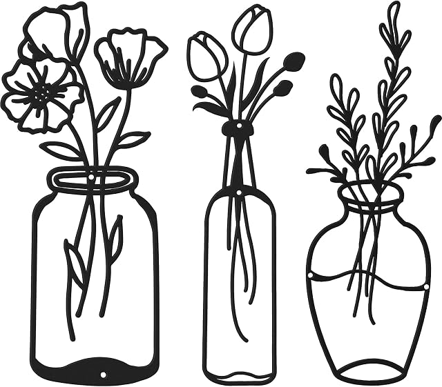 3 Pieces Metal Flower Wall Decor Minimalist Vase Wall Art Black Tulip Wire Iron Decor Floral Wall Sculpture for Kitchen Bathroom Living Room(Elegant, Love, Eternity )