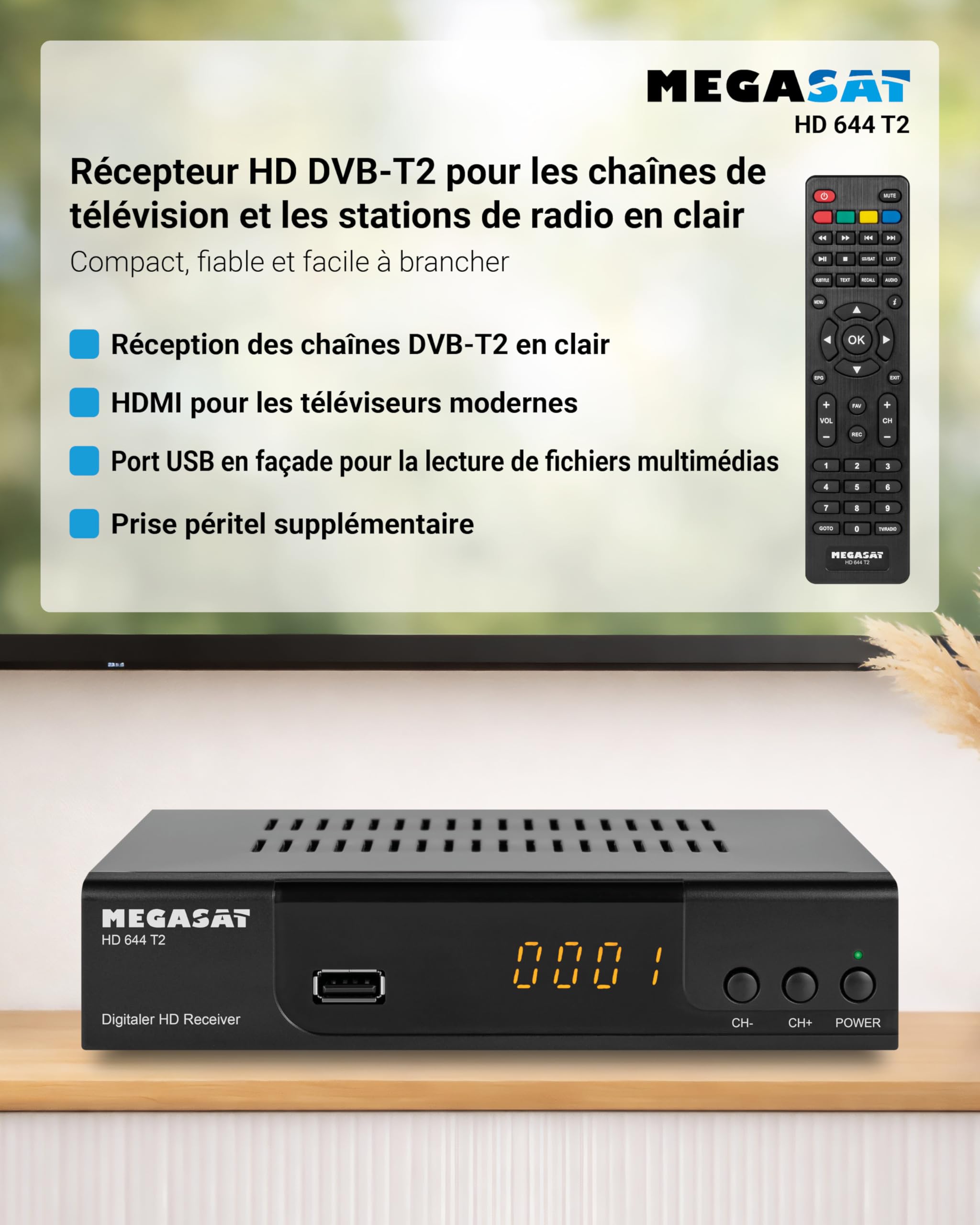 Megasat HD 644 T2 – Récepteur DVB-T2 pour TV Gratuite – Noir | Reçoit les chaînes TNT gratuites, lecteur USB, Full HD, SCART et HDMI