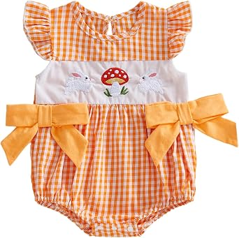 KMBANGI Infant Newborn Baby Girl Easter Outfit Mushroom Bunny Smocked Romper Flutter Sleeve Bow Shirts Onesie Cute Clothes
